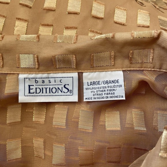 Basic Editions Sheer Jacquard Collared Button Up Gold Holiday Top Shirt Womens L - Picture 8 of 9